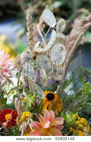 close up of beautiful bouquets of flowers and herbs