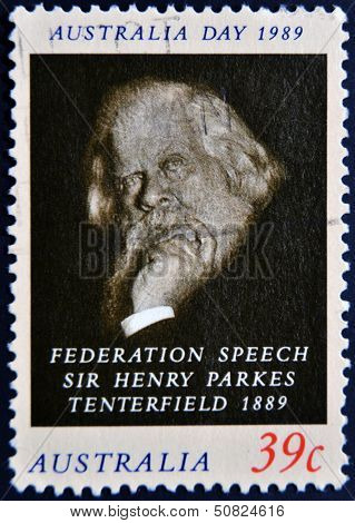 AUSTRALIA - CIRCA 1989: A stamp printed in Australia shows sir Henry Parkes Tenterfield