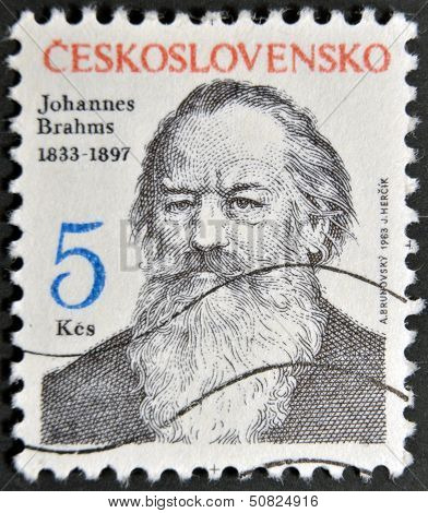 A stamp printed in Czechoslovakia shows Johannes Brahms
