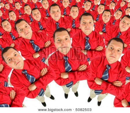 Uomo d'affari In camicia rossa con le sue mani incrociate semicerchio Collage