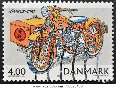 DENMARK - CIRCA 2002: A stamp printed in Denmark shows a motorcycle nimbus 1953 circa 2002