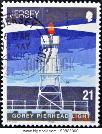 Jersey - Circa 1999: A Stamp Printed In Jersey Shows Gorey Pierhead Light, Circa 1999