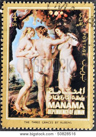 A stamp printed in the Manama shows painting 