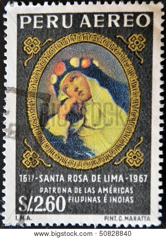 A stamp printed in Peru shows St. Rose of Lima patroness of the Americas Philippines and India