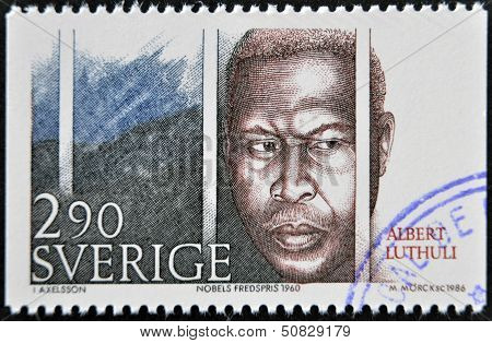 SWEDEN - CIRCA 1986: A stamp printed in Sweden dedicated to Nobel Peace shows Albert Lutheli