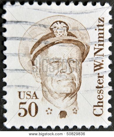 A stamp printed in the USA shows image of Chester W. Nimitz