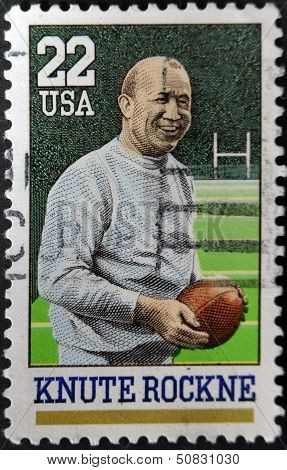 UNITED STATES OF AMERICA - CIRCA 1988: A stamp printed in USA shows Knute Rockne circa 1988