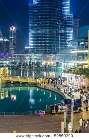 View On Burj Khalifa And Dubai Mall, Dubai, Uae, At Night