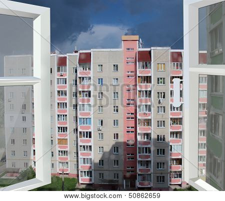 Opened Window To Multistorey House And Raincloud