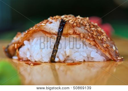sushi unagi with sauced slice of smoked eel