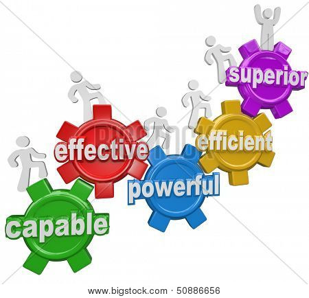 A team of people or workers climb gears containing the words Capable, Effective, Powerful, Efficient and reaching the top level or step called Superior to illustrate growth and being best