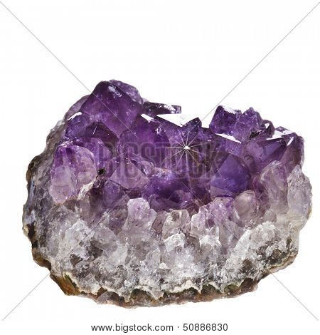 Beautiful amethyst druse close-up isolated on white background - semiprecious gem used for jewels 
