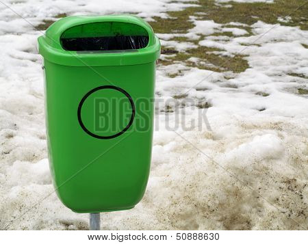 Green Pastic Garbage Bin Or Can On Street