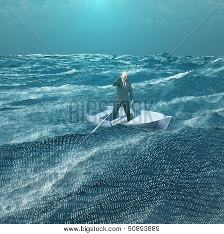 Man Adrift in tiny boat in binary ocean