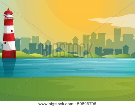 Illustration of a lighthouse at the hills near the river