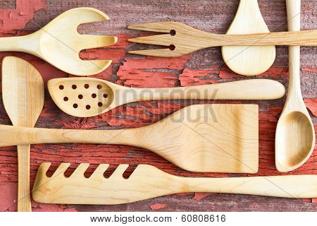 Still Life Arrangement Of Wooden Kitchen Utensils