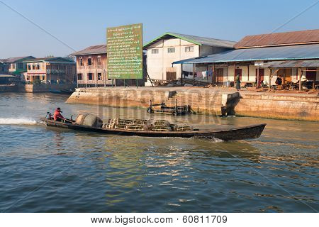 Wooden Shipping Motor Boat On Inle Lake, Myanmar (burma)
