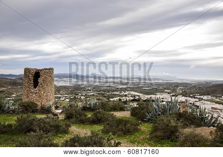 Atalaya Watchtower And Greenhouses In Background, Nijar - Almeria (spain)