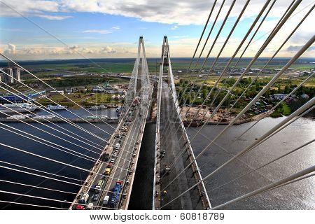 Traffic On Cable-stayed Bridge, View From The Air.