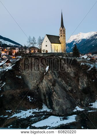 Scuol Church In Winter Time Evening