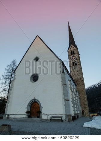 Scuol Church In Winter Time Evening
