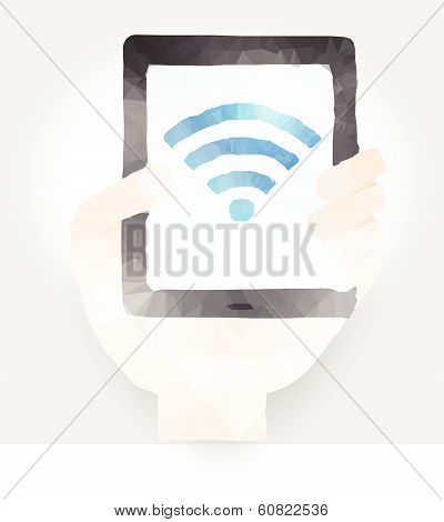 Vector Illustration Of Hand With Smartphone In Polygon Design