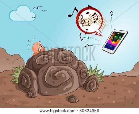 caveman get scared seeing a gadget