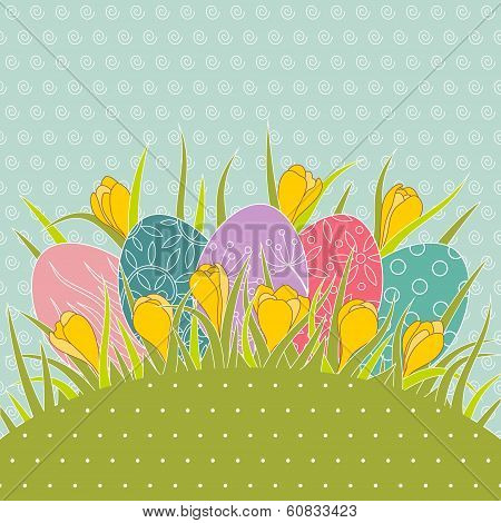 Easter eggs in grass and yellow crocuses