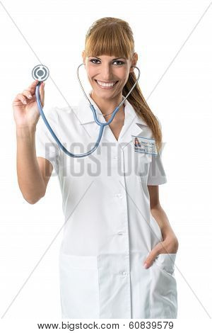 Smiling Doctor in white medical gown showing stetoscope