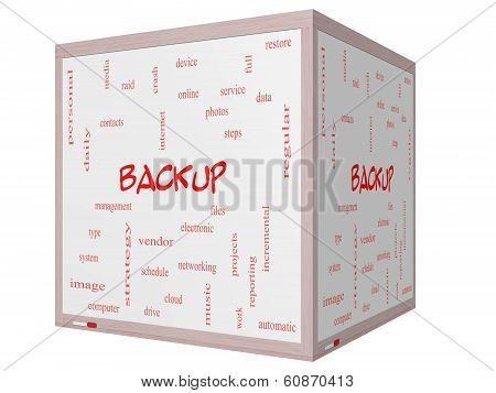 Backup Word Cloud Concept On A 3D Cube Whiteboard