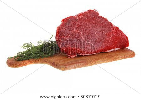 fresh raw red beef meat big steak chunk on wooden cut board isolated over white background
