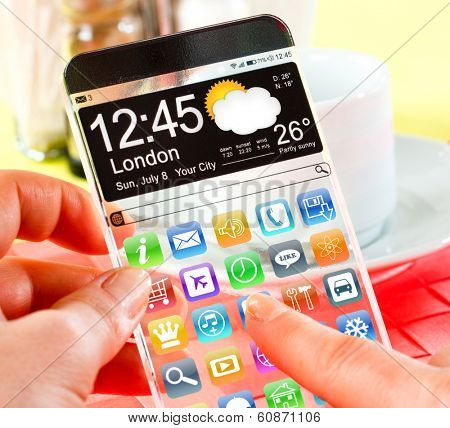 Smart phone (phablet) with a transparent display in human hands. Concept actual future innovative ideas and best technologies humanity.