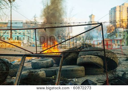 Burning Tires At The Barricade In Kiev
