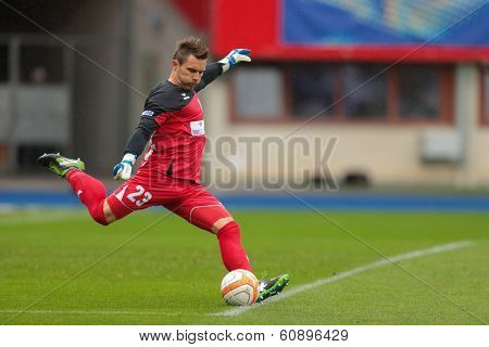 VIENNA,  AUSTRIA - MAY 30 Hans Peter Berger (#23 Pasching) kicks the ball during the Austrian cup final game on May 30, 2013 in Vienna, Austria.