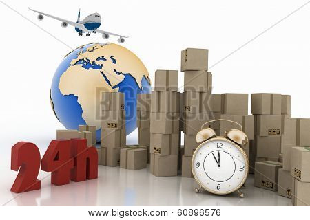 Pile of carton boxes  with the words 24 Hrs, airplane and  alarm clock. 3D render illustration.