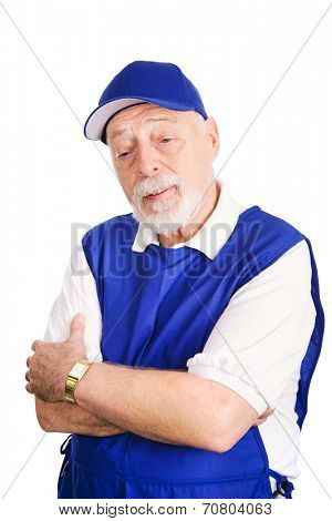 Senior man working as a greeter for a retail chain because he lost his retirement pension.