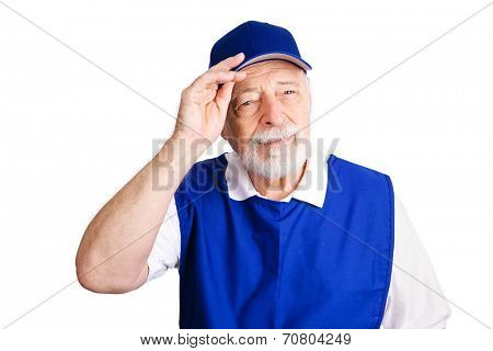 Senior man working as a greeter for a retail chain because he lost his retirement pension.