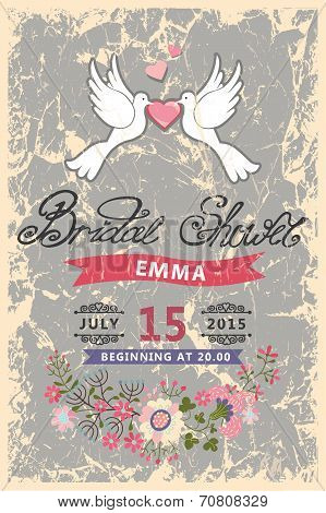 Retro Bridal shower invitation.Pigeons,ribbon,flowers