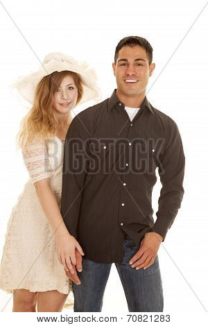 Woman White Dress Man Black Shirt Hold Hand Smile
