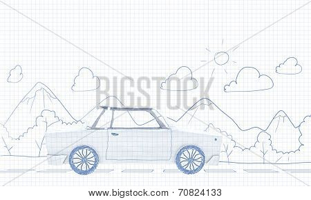 Young woman riding car made of list of paper