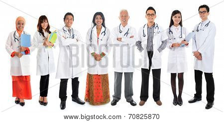 Multiracial diversity Asian doctors, medical team standing isolated on white background.
