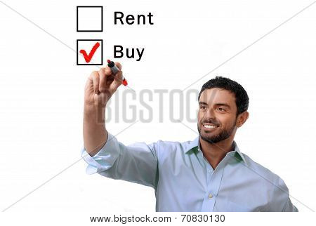 Business Man Choosing Rent Or Buy Option At Formular Real Estate Concept