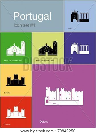 Landmarks of Portugal. Set of color icons in Metro style. Raster illustration.