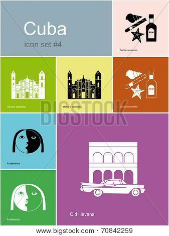 Landmarks of Cuba. Set of color icons in Metro style. Raster illustration.
