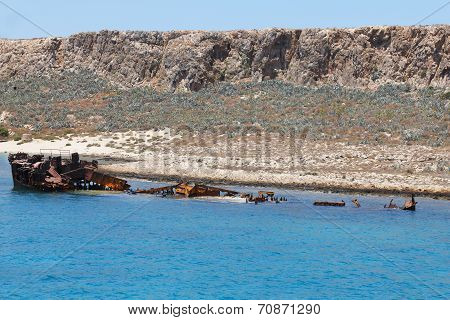Shipwreck And Castle At Imery Gramvousa Bay. Crete. Greece
