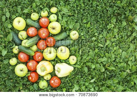Fruits and vegetables lying in the grass. Cucumbers, tomatoes, peppers, apples.