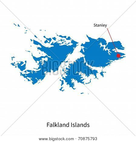 Detailed vector map of Falkland Islands and capital city Stanley