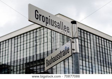 Street Signs Near Bauhaus Building In Dessau, Germany