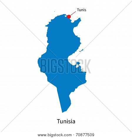 Detailed vector map of Tunisia and capital city Tunis