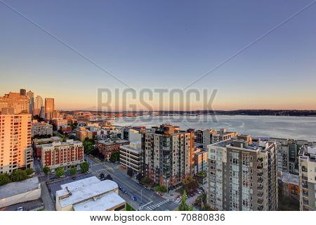 Scenic View Of Mountain Rainer During Sunset. Downtown And Port Of Seattle, Wa State